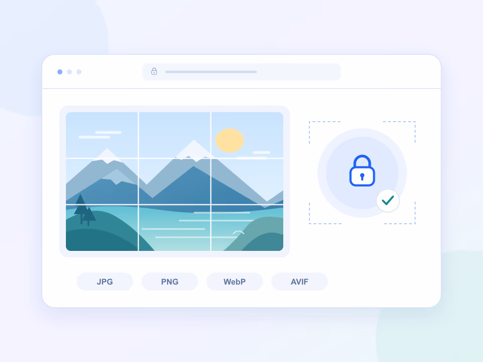 A photo inside a browser window with a lock, illustrating local image processing on your device.