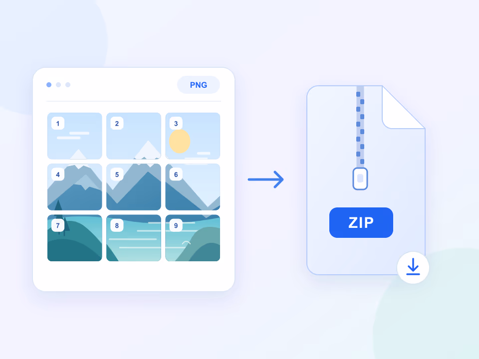 Numbered image tiles flowing into a ZIP archive, showing how split PNG pieces are downloaded together.